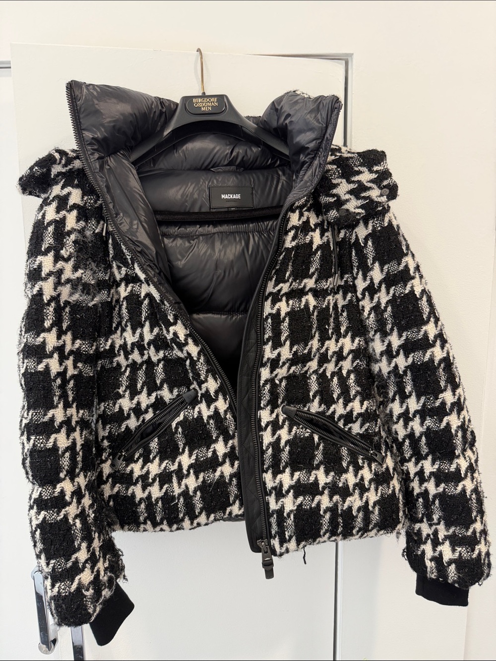 Mackage Black & White Houndstooth Puffer Jacket